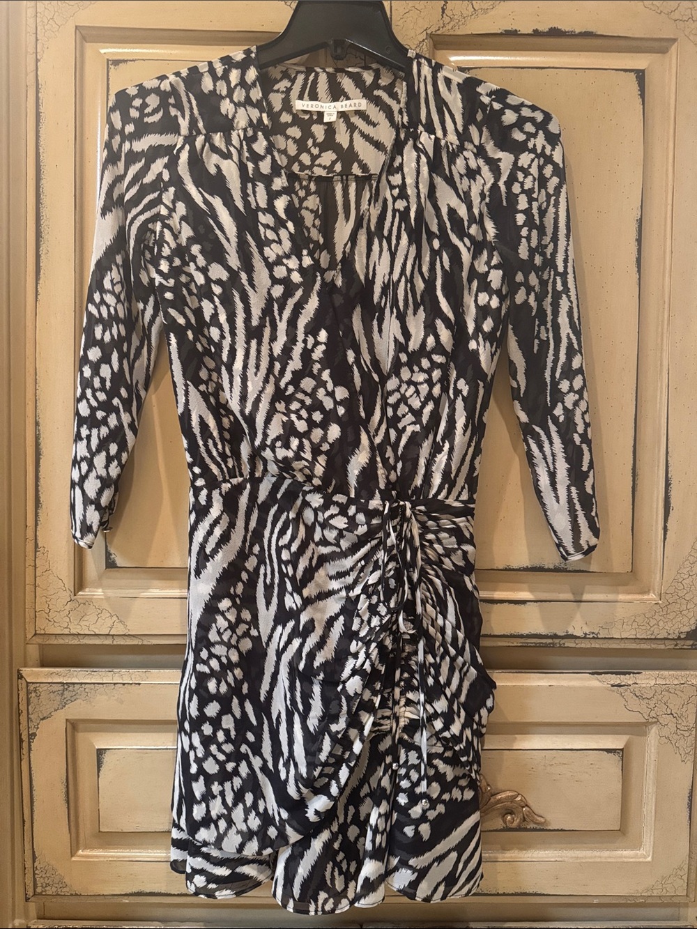 Veronica Beard Black and White Ruched Wrap-Style Dress